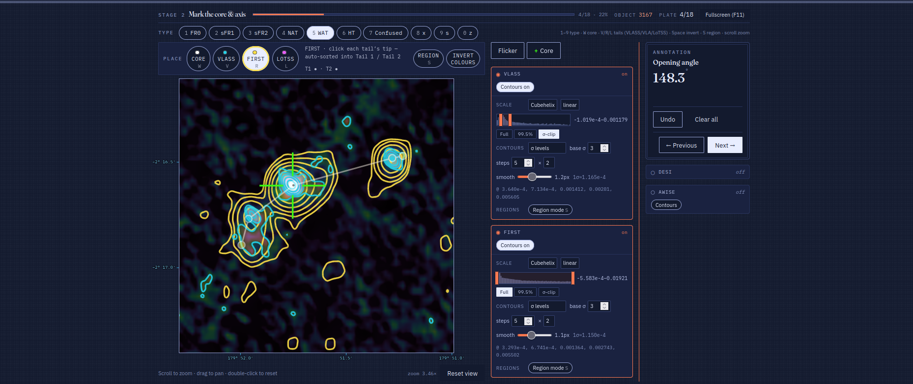 GAZE — in-browser FITS viewer with multi-wavelength contour overlays and a radio-jet bending-angle measurement panel